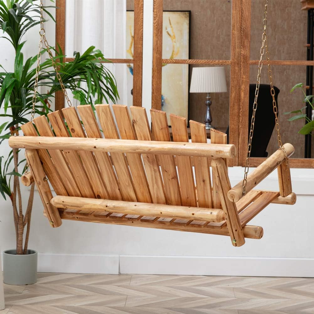 Outdoor Wooden Porch Swing Front Porch Hanging Bench Swing 2 Seat Chair for Garden, Patio, Backyard, Playground, Log