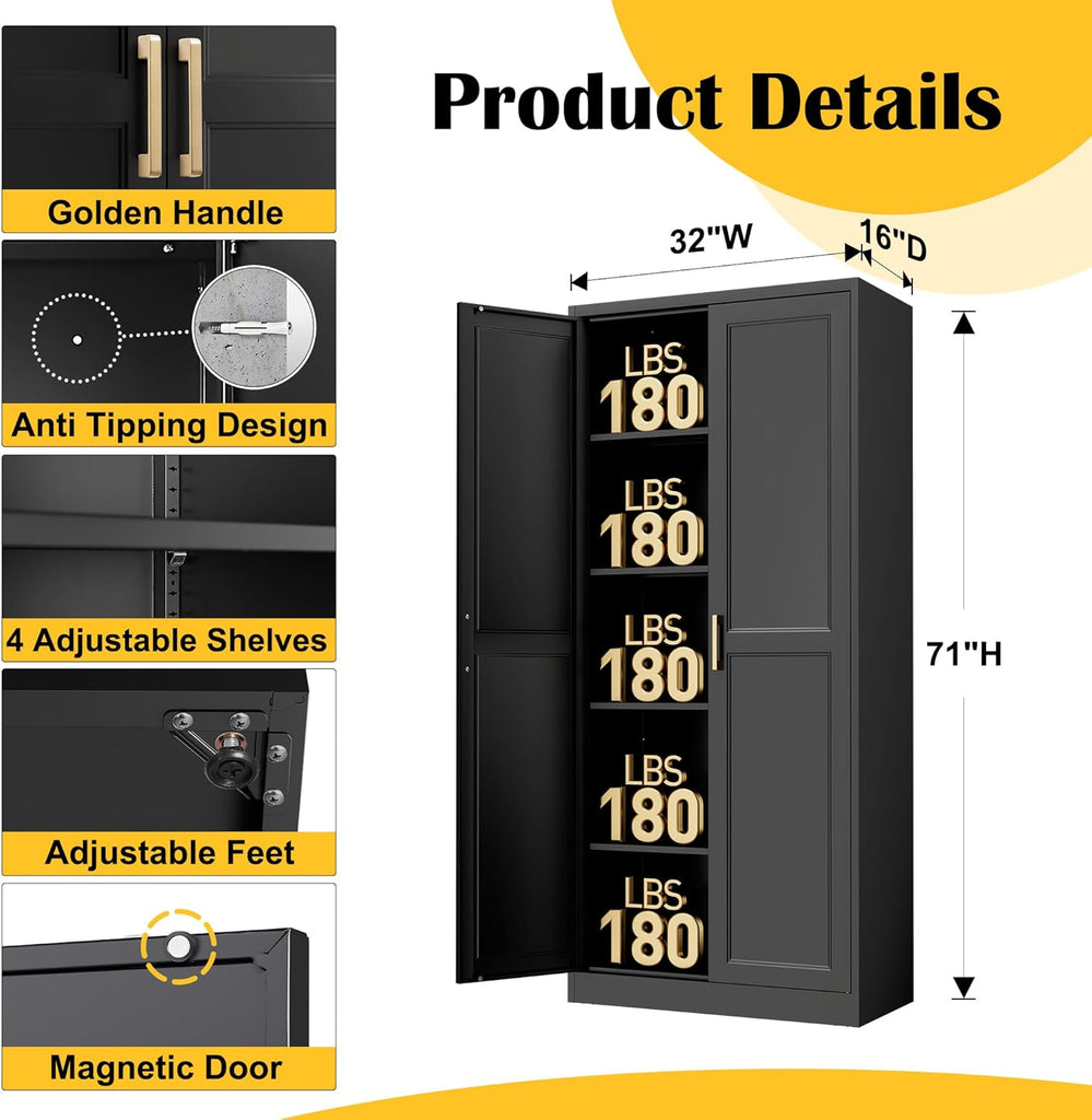 71"Metal Pantry Storage Cabinet with Doors & 4 Adjustable Shelves | Kitchen Pantry Cabinet,Black Kitchen Cabinet with