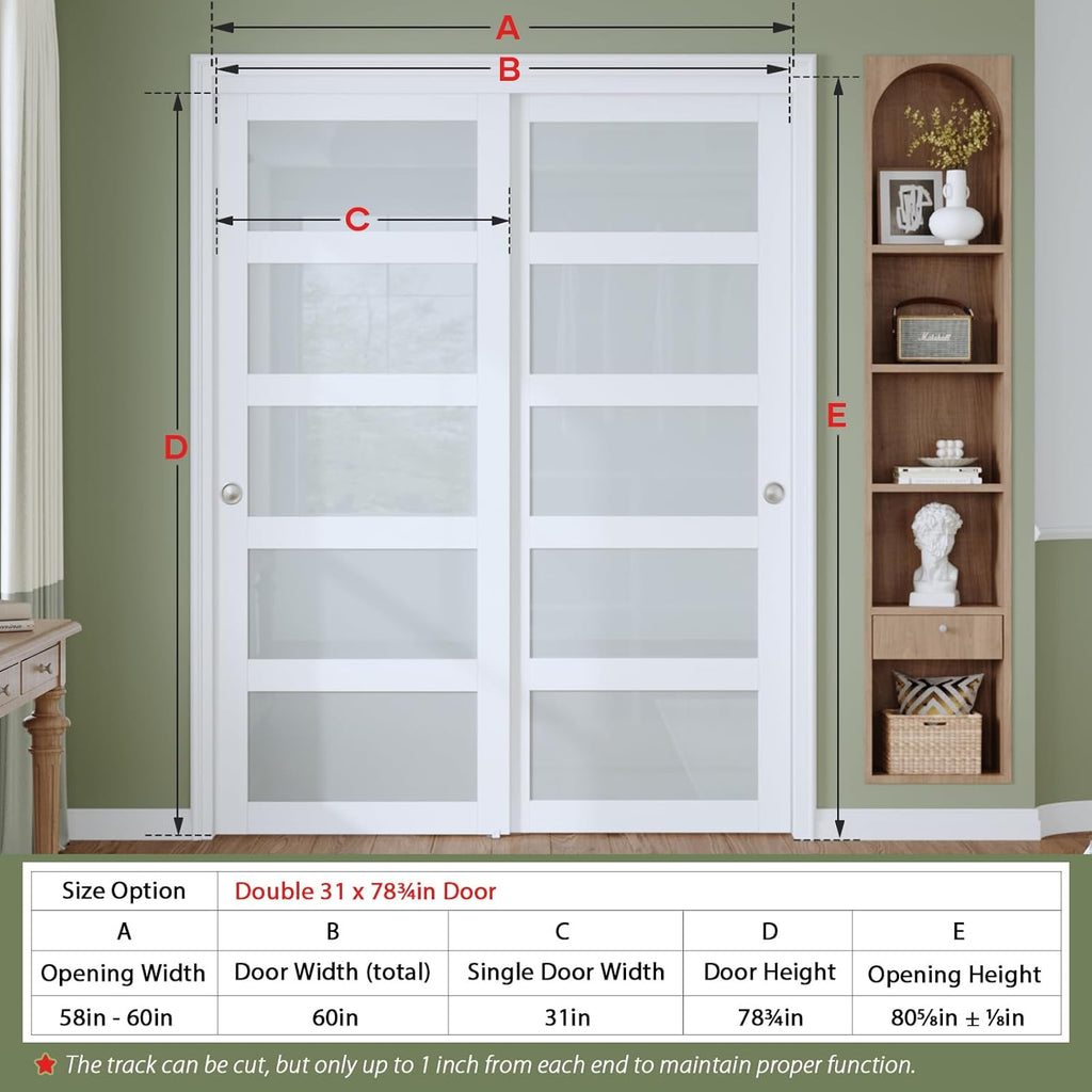 Bypass Sliding Closet Door Slab, 60 x 80 in (Double 31 inch), 5-Lite Frosted Glass, Barn Door with H