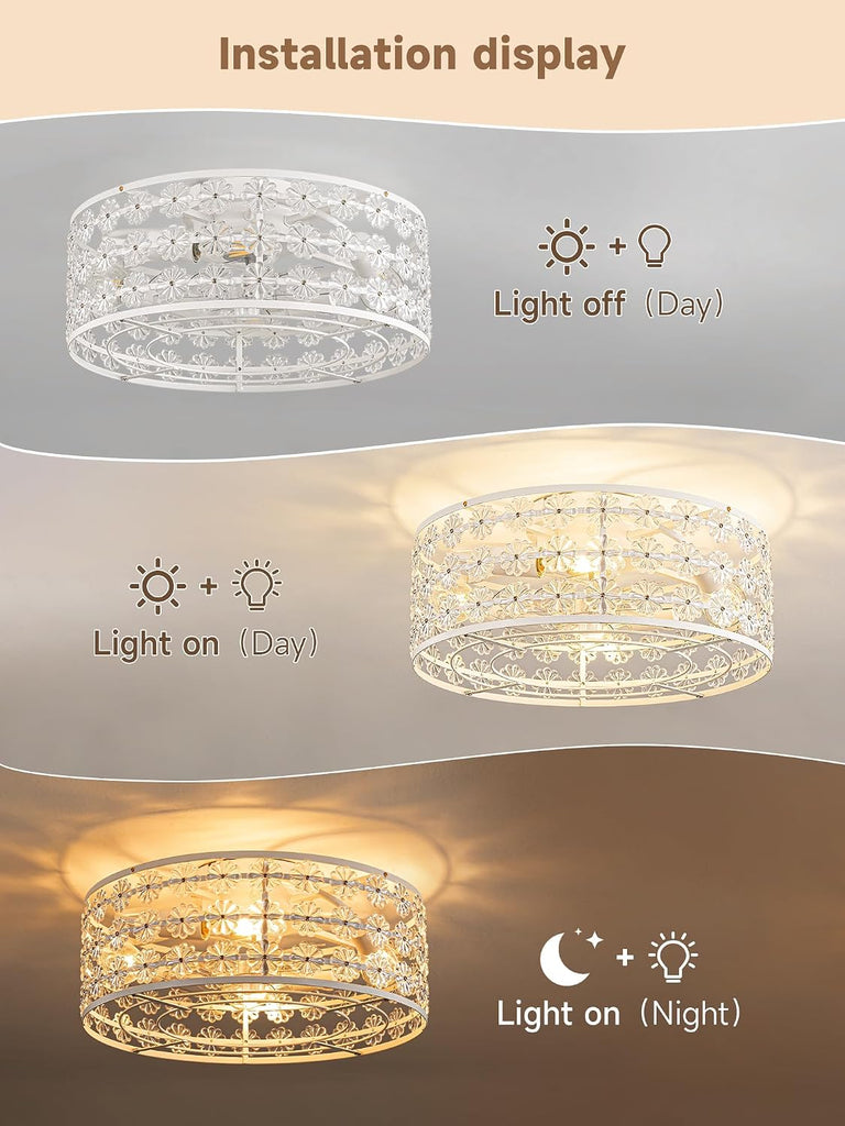 White Caged Ceiling Fan with Light and Remote, Modern Romantic Flower Crystal Ceiling Fans with Lights