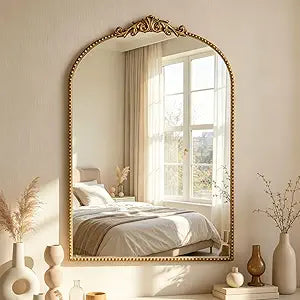 24"×36" Arched Gold Wall Mirror, Vintage Ornate Decorative Mirror with Antique Metal Frame, Large Accent