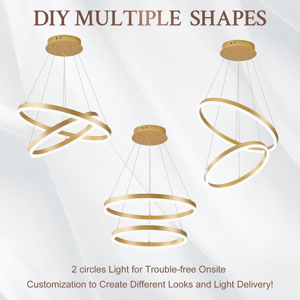 Modern LED Chandelier Gold 2-Rings Pendant Light Circular Flush Mount Ceiling Chandelier Lighting with Remote Control