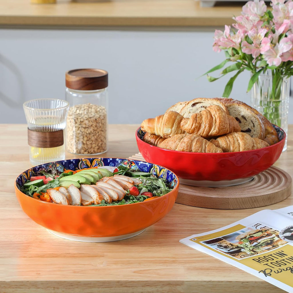 Large Serving Bowls,78 Oz Salad Bowls Set of 2,Serving Dishes-Red | Bohemian Decorative Bowls for Salad, Fruit, Pasta