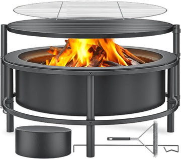 Fire Pits for Outside Wood Burning, Large Outdoor Fire Pit Stove with Roating Table and BBQ Grill