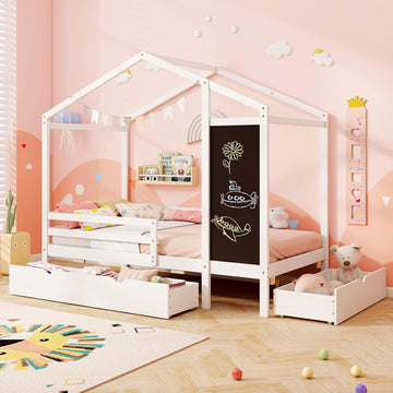 Twin Bed with 2 Storage Drawers, Solid Wood House Bed with Blackboard & Safety Guardrails, Tw Bed w/Slats Support, No
