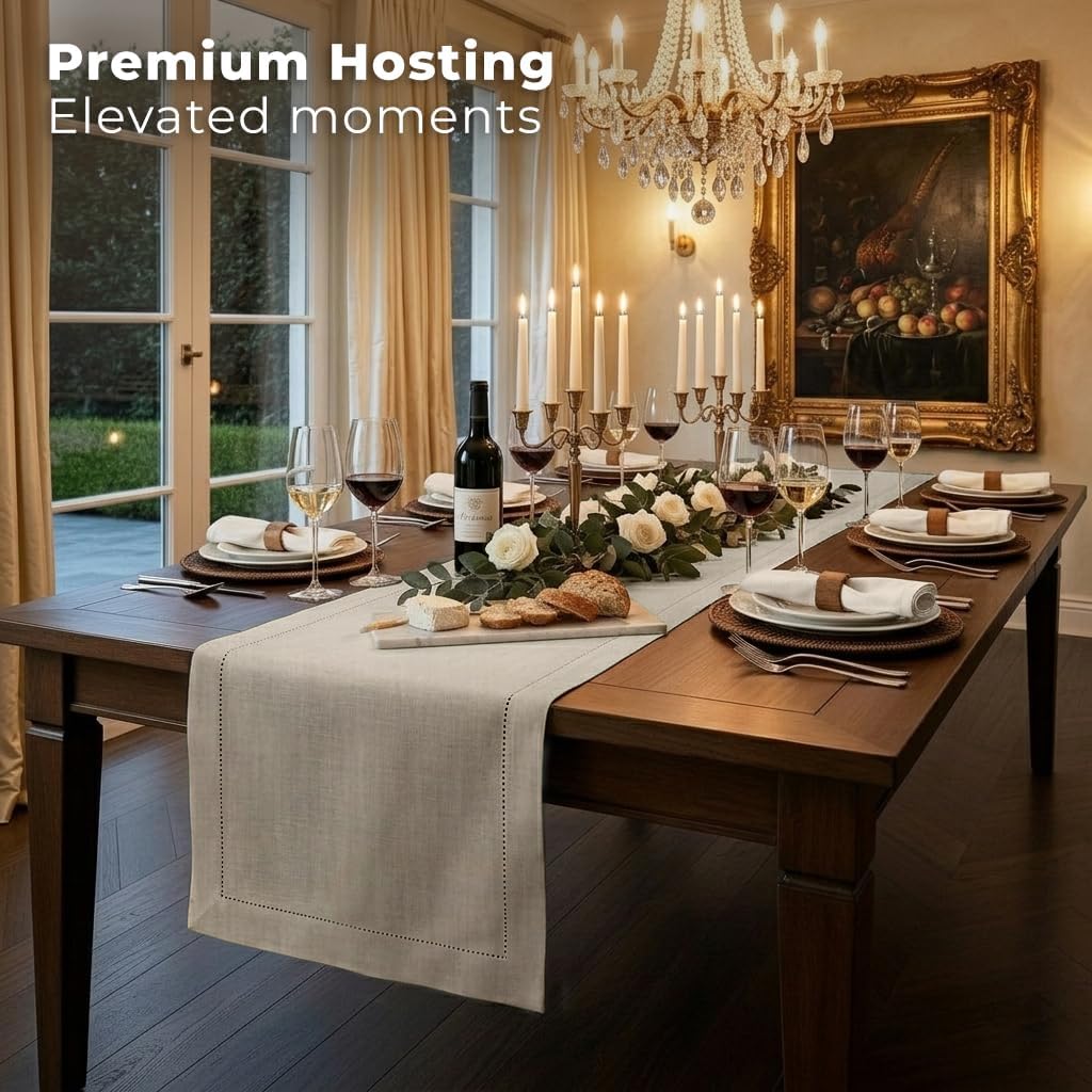 Signature LinenTM by D'Moksha, Natural Table Runner 108 Inches Long, 100% Pure Linen, Hemstitch, 14 x 108 Inch Table