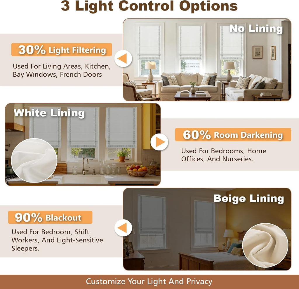 Cordless Roman Shades, Blackout Roman Shades, White Embroidered Blue Border Window Shades for Windows, Doors, Kitchen