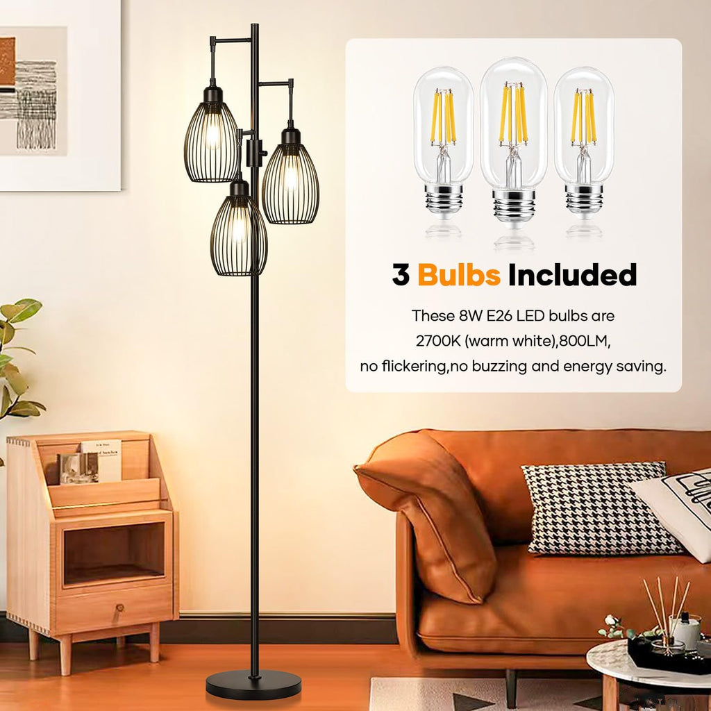 Dimmable Floor Lamp, 3 x 800LM LED Edison Bulbs Included