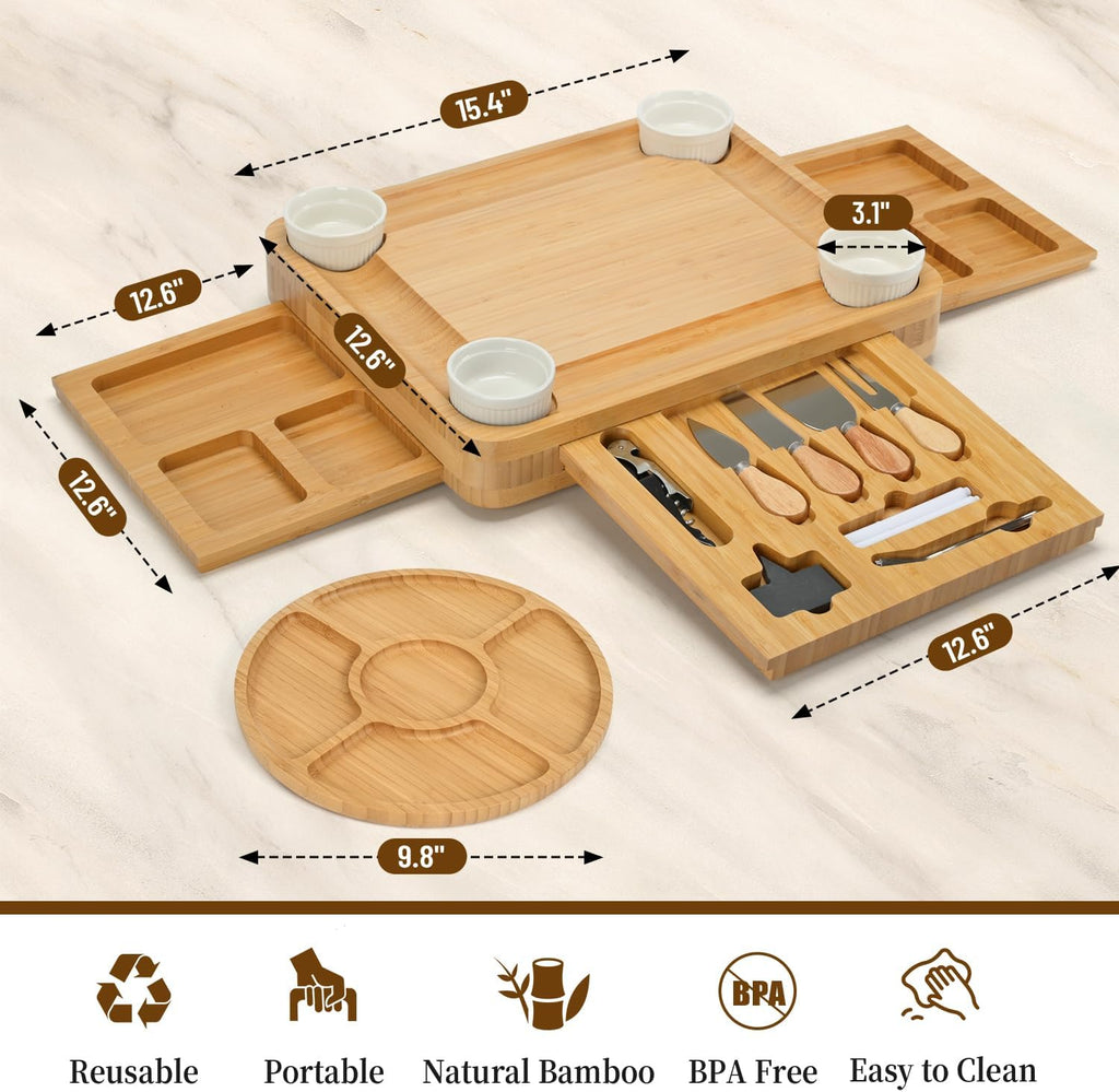 Large Bamboo Charcuterie Board Set with Lid, Drawers, Cream | Includes serving utensils and a fruit tray for easy