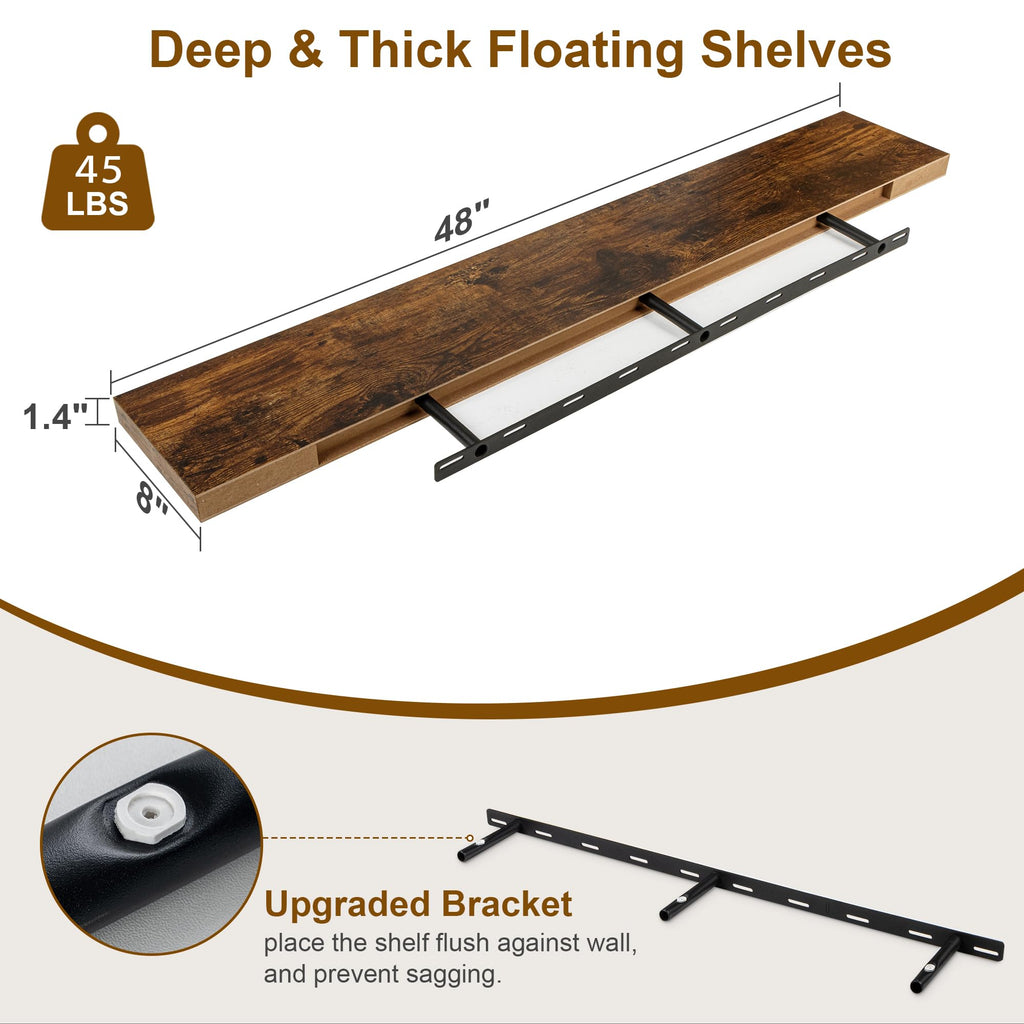 Floating Shelves, 8 Inch Deep Floating Shelves, Rustic Wood Fireplace Mantel 48 in Long, 48 x 8 Floating Wall Shelves
