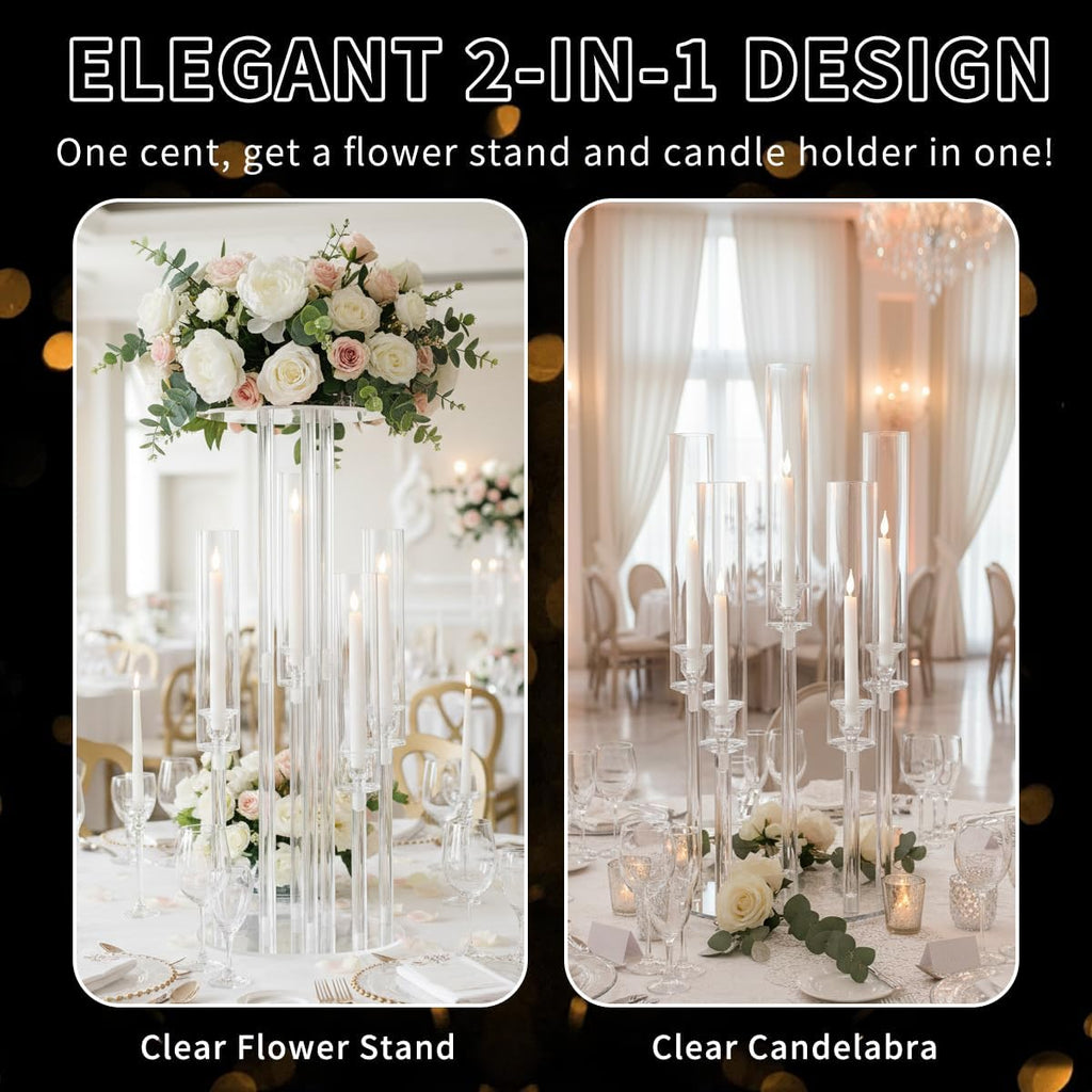 2PCS 5 Arm Candelabra,Clear Centerpiece for Table,Acrylic Centerpiece Stand,Acrylic Candle Holdertmas