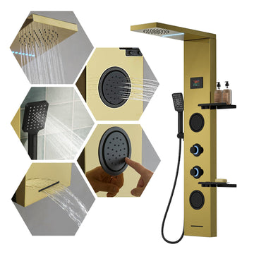 5 in 1 Brushed Gold Rainfall Shower Panel Tower System With Storage Shelf