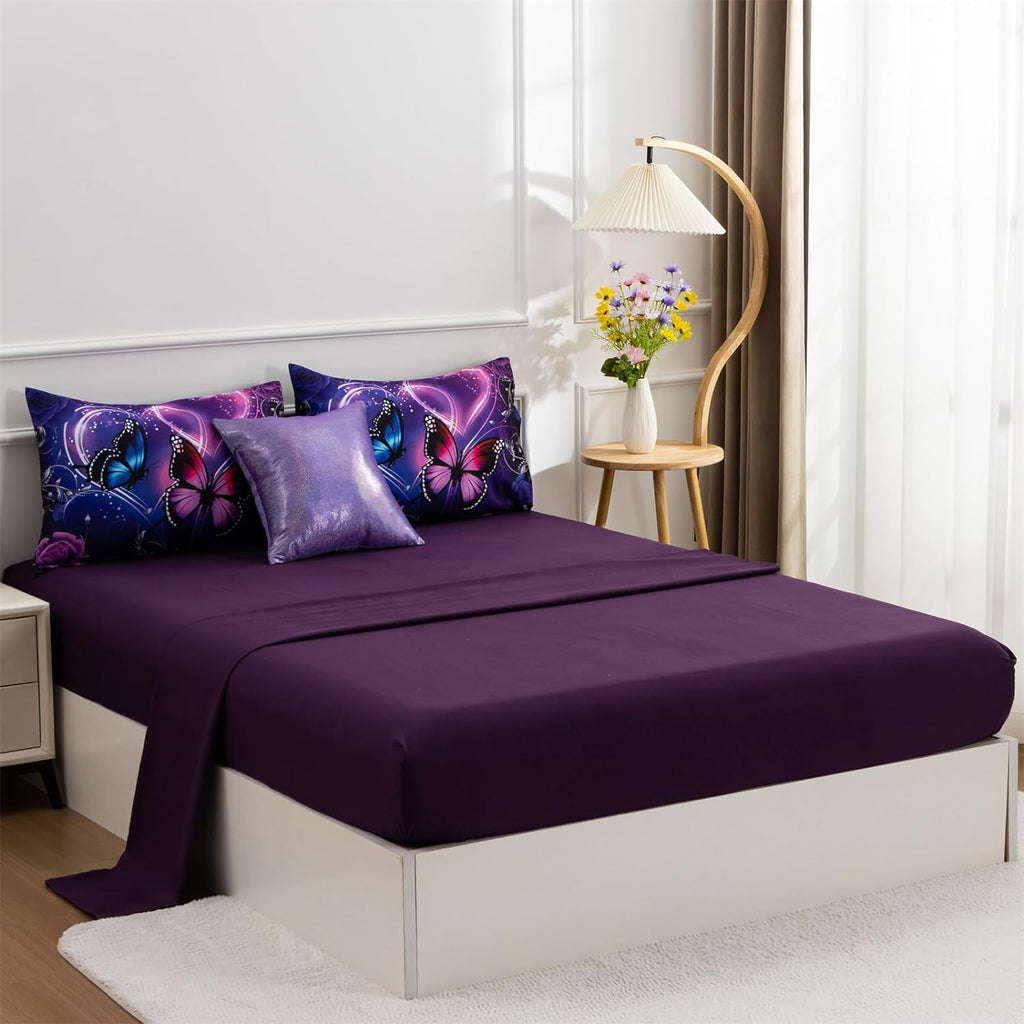 A Nice Night Galaxy 6pcs Bed in a Bag Purple and Blue Dreamy 3D Butterfly Printed