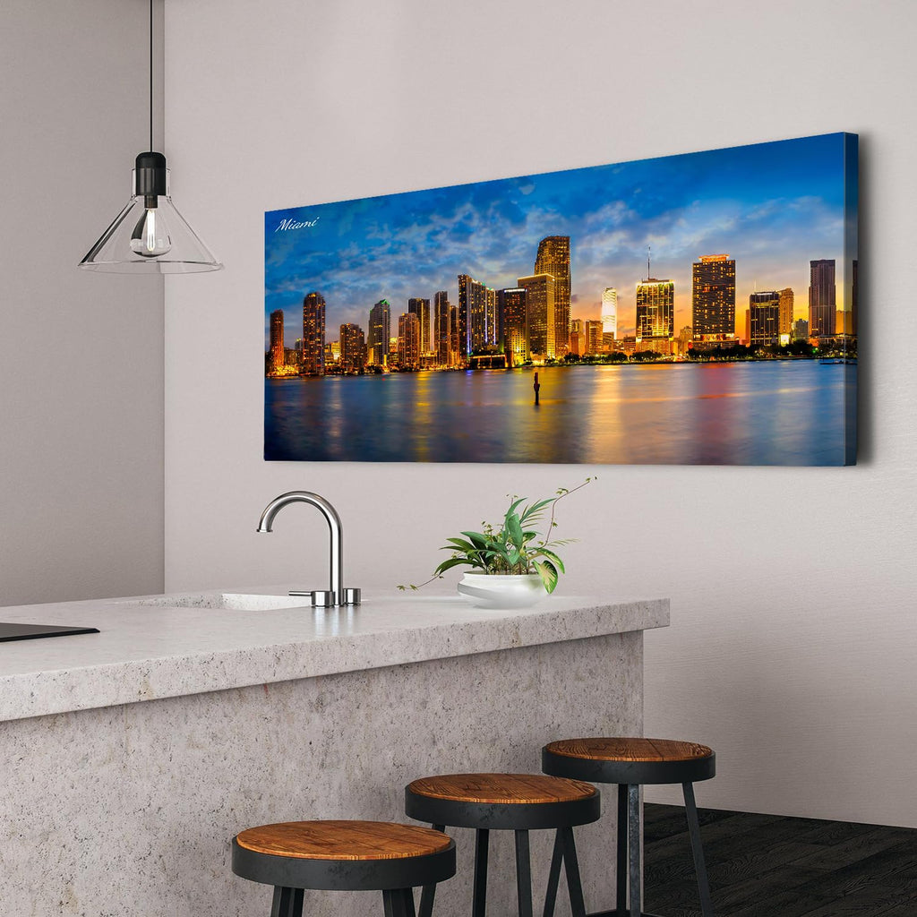Florida Miami Canvas Wall City Skyline Poster Modern Cityscape Canvas Prints Picture Office Decorations Blue Night