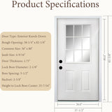 36" x 80" Fiberglass Entry Door with 9-Lite Low-E Glass - White, Right Hand Inswing, 4-9/16" Vinyl Frame, Primed White