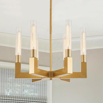 Inspired Cannele Style Brass Gold Chandelier with Striped Glass Shades, 6-Lights Adjustable Modern Pendant Light Fixtures for Dining Room,Kitchen Pendant Lighting Over Island, E26 Base (Included Bulbs)