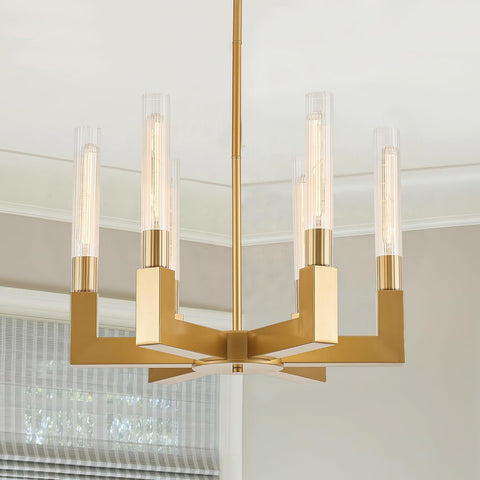 Brass Gold Chandelier with Striped Glass Shades, 6-Lights Adjustable Modern Pendant Light Fixtures for Dining Room,Kitchen Pendant Lighting Over Island, E26 Base (Included Bulbs) A114-B0F1FHWL7J