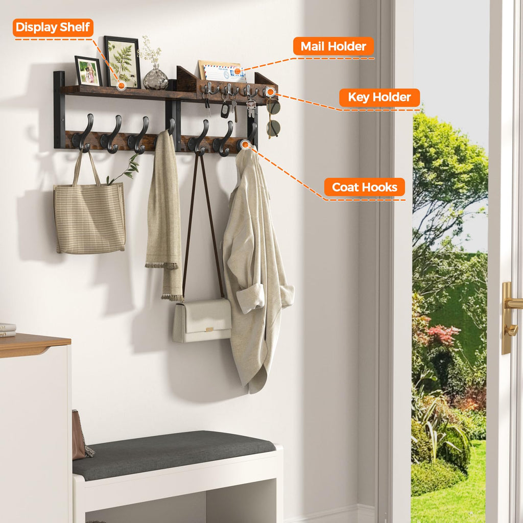 29" Coat Rack Wall Mount with Shelf, Rustic Brown