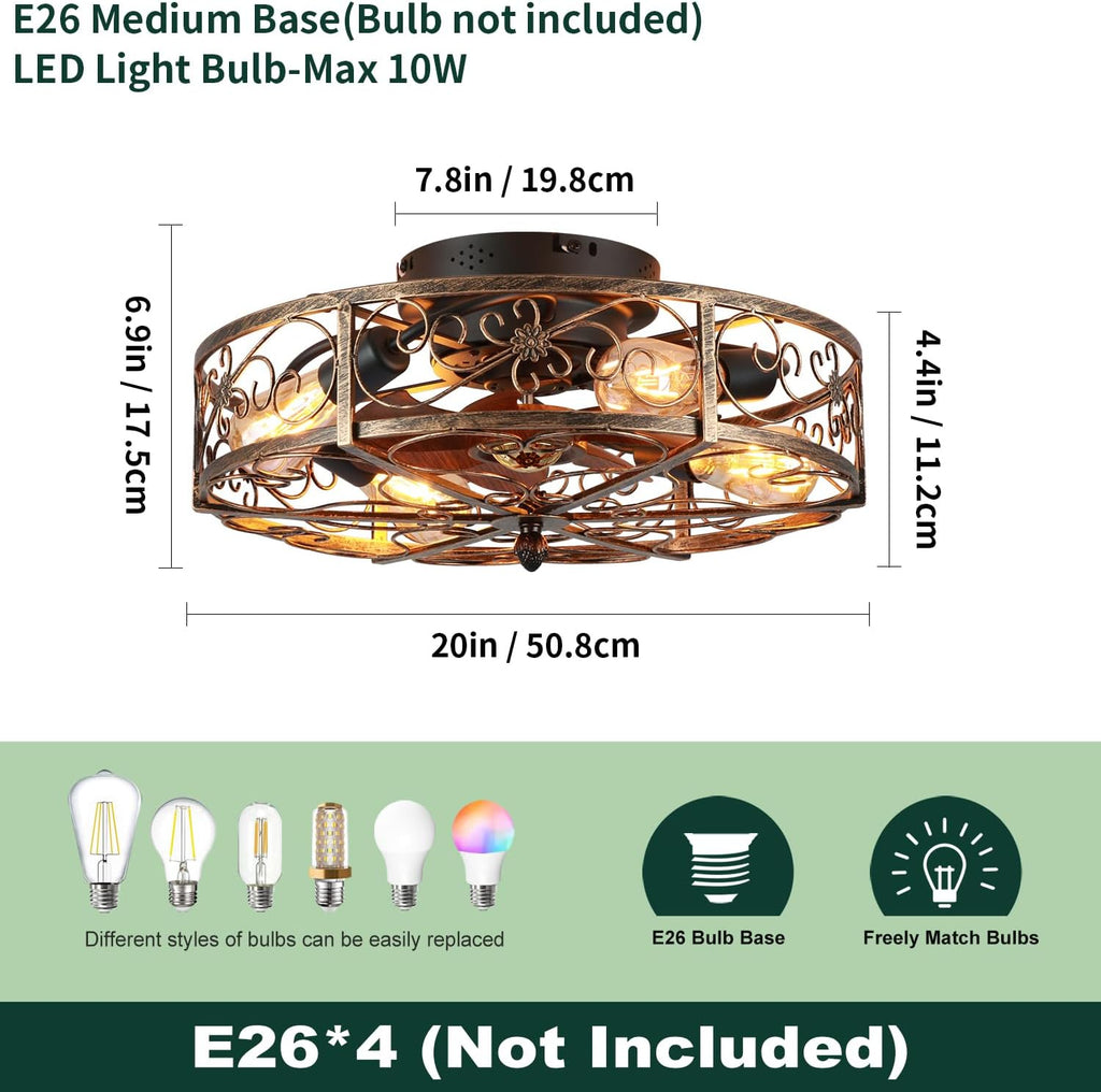 20'' Caged Ceiling Fan with Lights and Remote Control,Small Farmhouse Bladeless Low Profile Ceiling Fans Lights