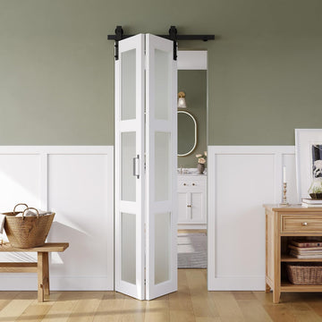 28in x 84in Bifold Barn Door, Frosted Glass Barn Door with Hardware Kit Included, Pre-Drilled Holes Easy Assembly