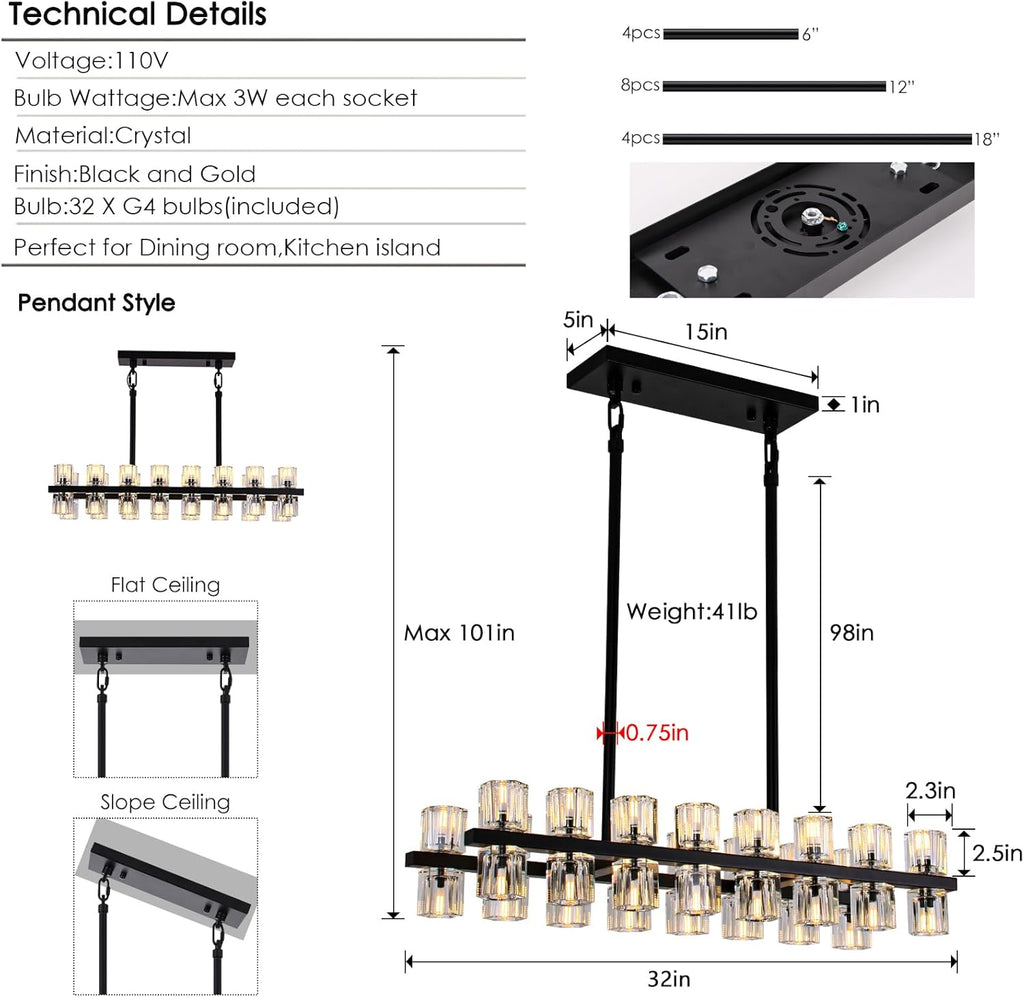 Rectangle Black Crystal Chandelier For Dining Room,L32" Dining Room Chandelier Over Table,32 Lights Linear Farmhouse Pendant Hanging Light Fixture For Living Room Kitchen Island(32 Bulbs Included)
