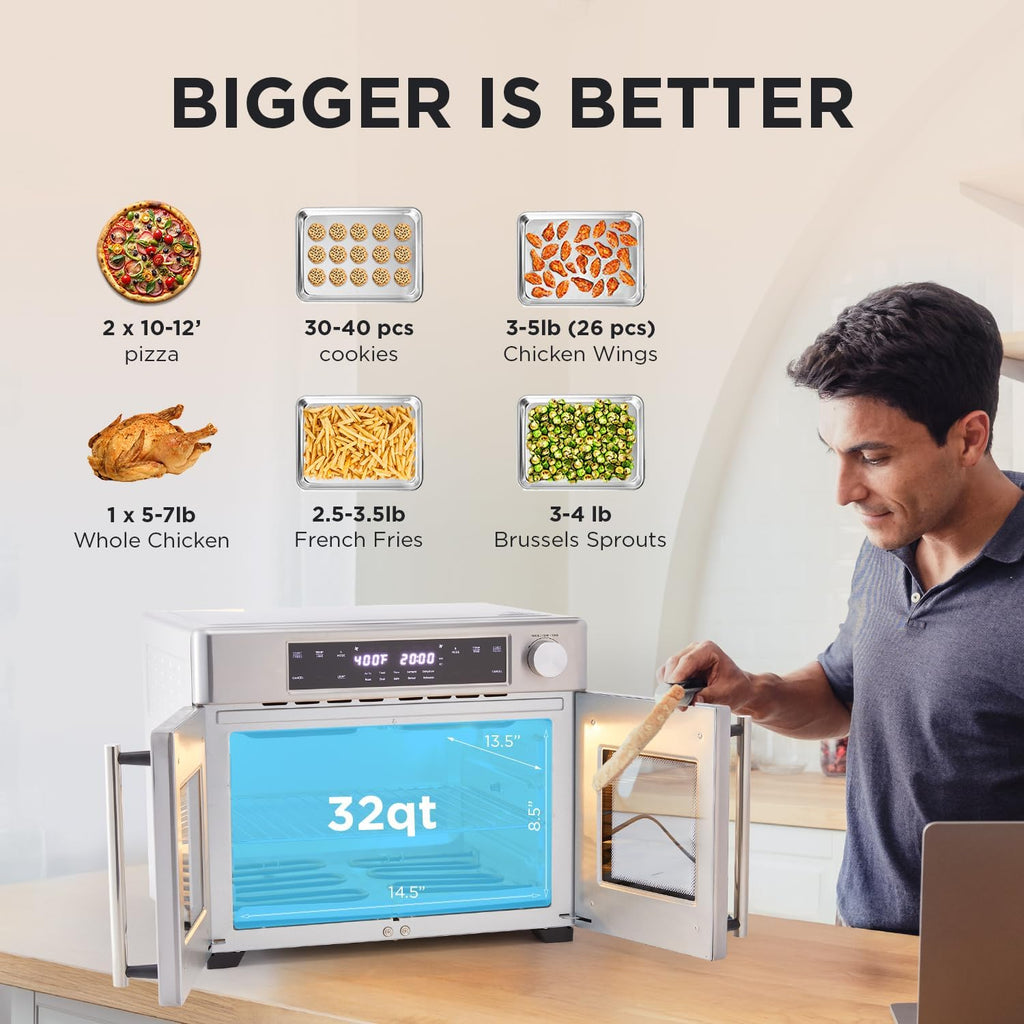Dual Zone Air Fryer French Door Oven - 32 Quatity Convection Toaster Combo, 10-in-1 Multifunction Up to 450° - 1800W