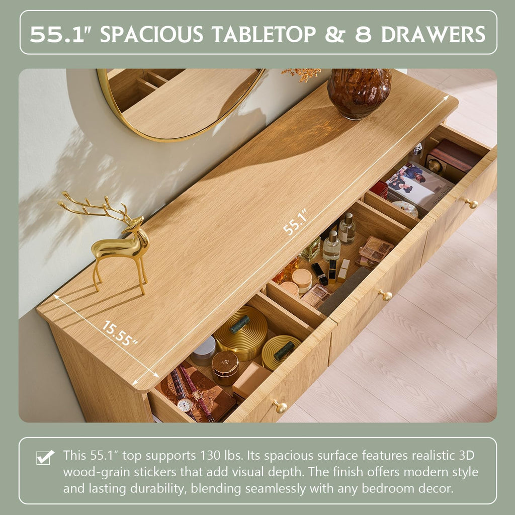 Modern 8 Drawers Dresser , 55" Wide Wood Dressers & Chests of Drawers w/Curved Waterfall Edge, Large Storage Dressers