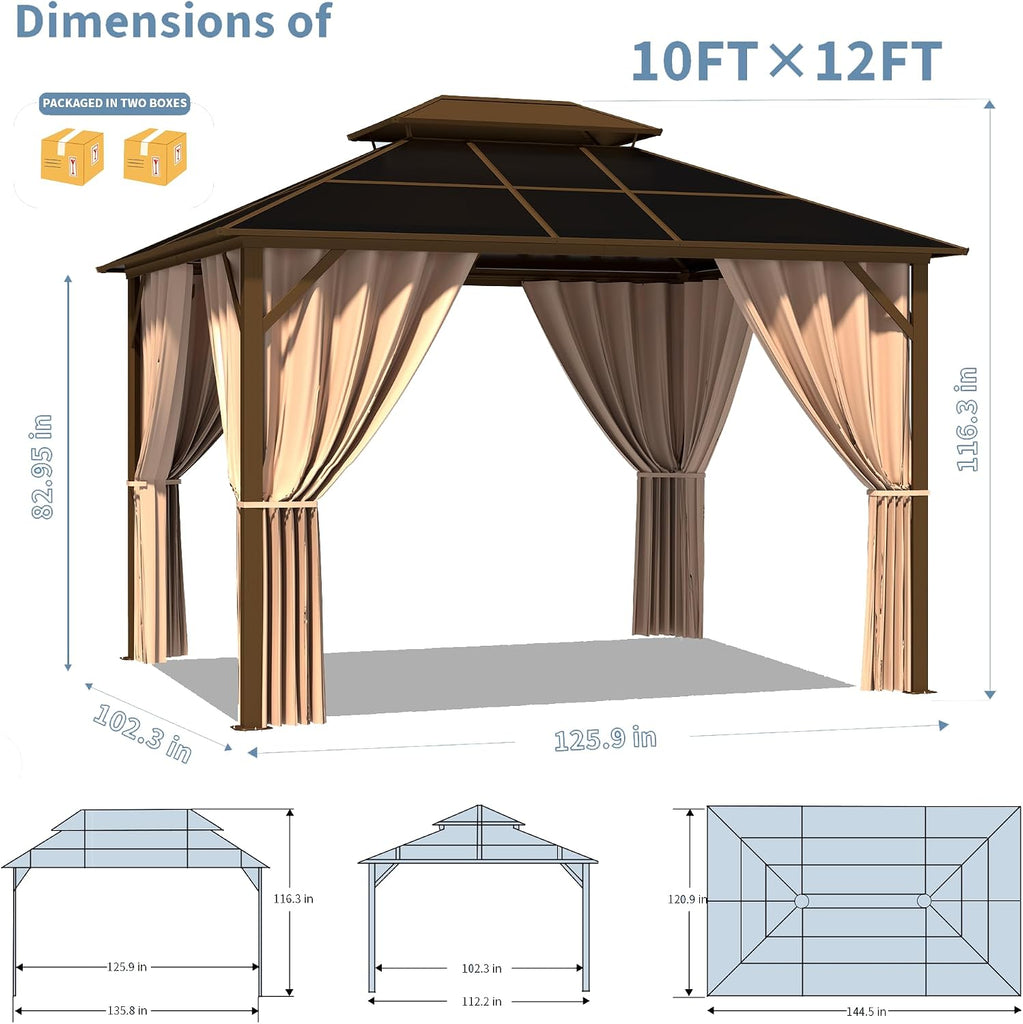Hardtop Gazebo 10'x12' with Double Polycarbonate Roof Canopy