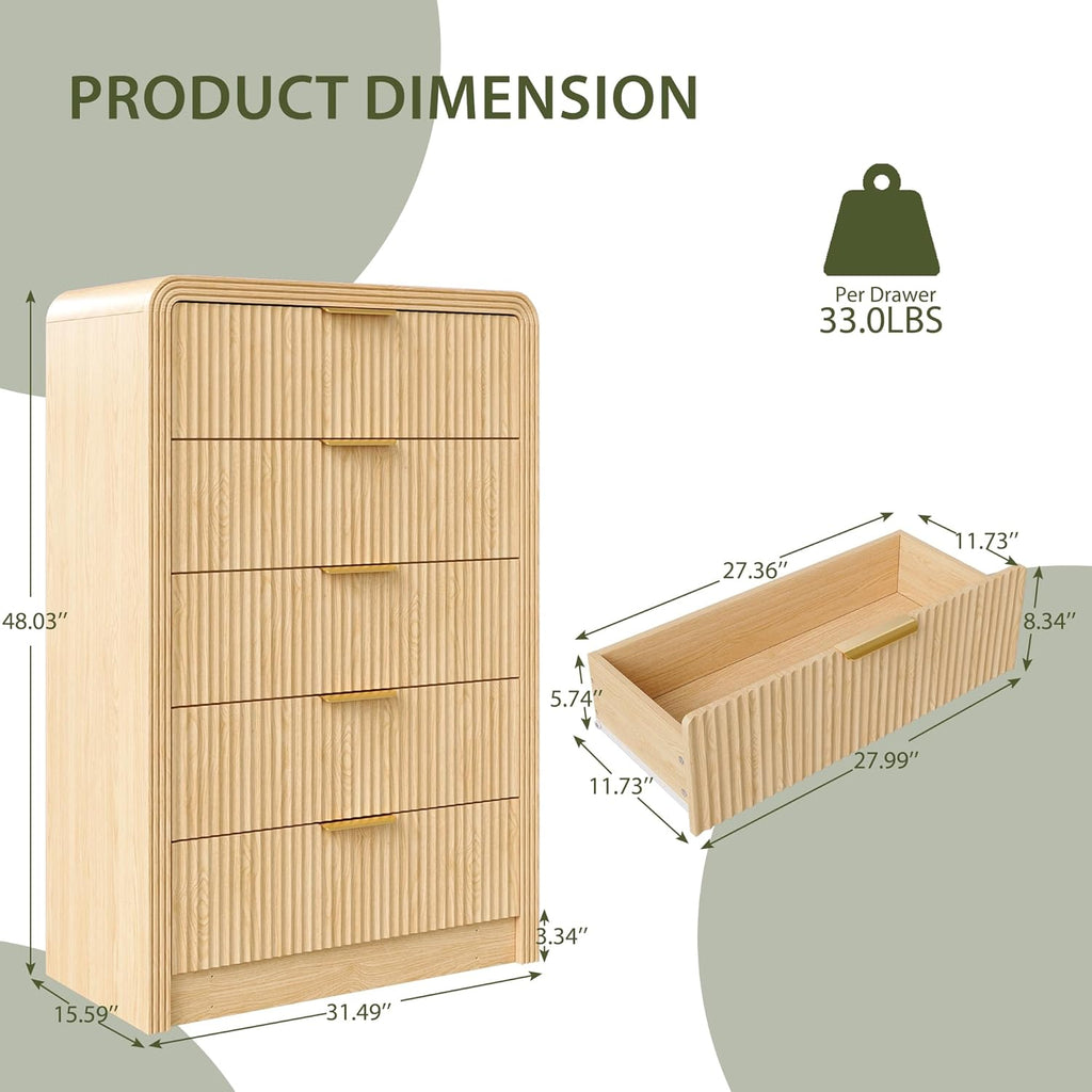 Fluted 5 Drawers Dresser, 48" Tall Modern Chest of Drawers with Round Edge & Metal Handle, Wood Drawer Organizer