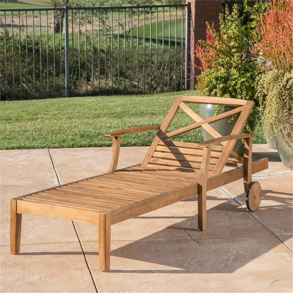 Outdoor Acacia Wood Chaise Lounge, Teak Finish