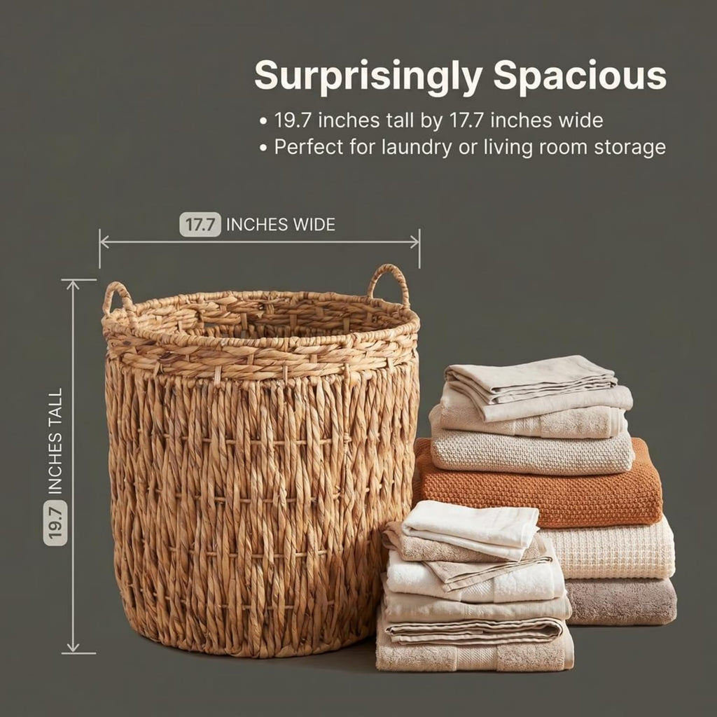 Tall Wicker Floor Basket, Woven Decorative Basket with Handles, Handmade, Great for Laundry and Storage, Natural