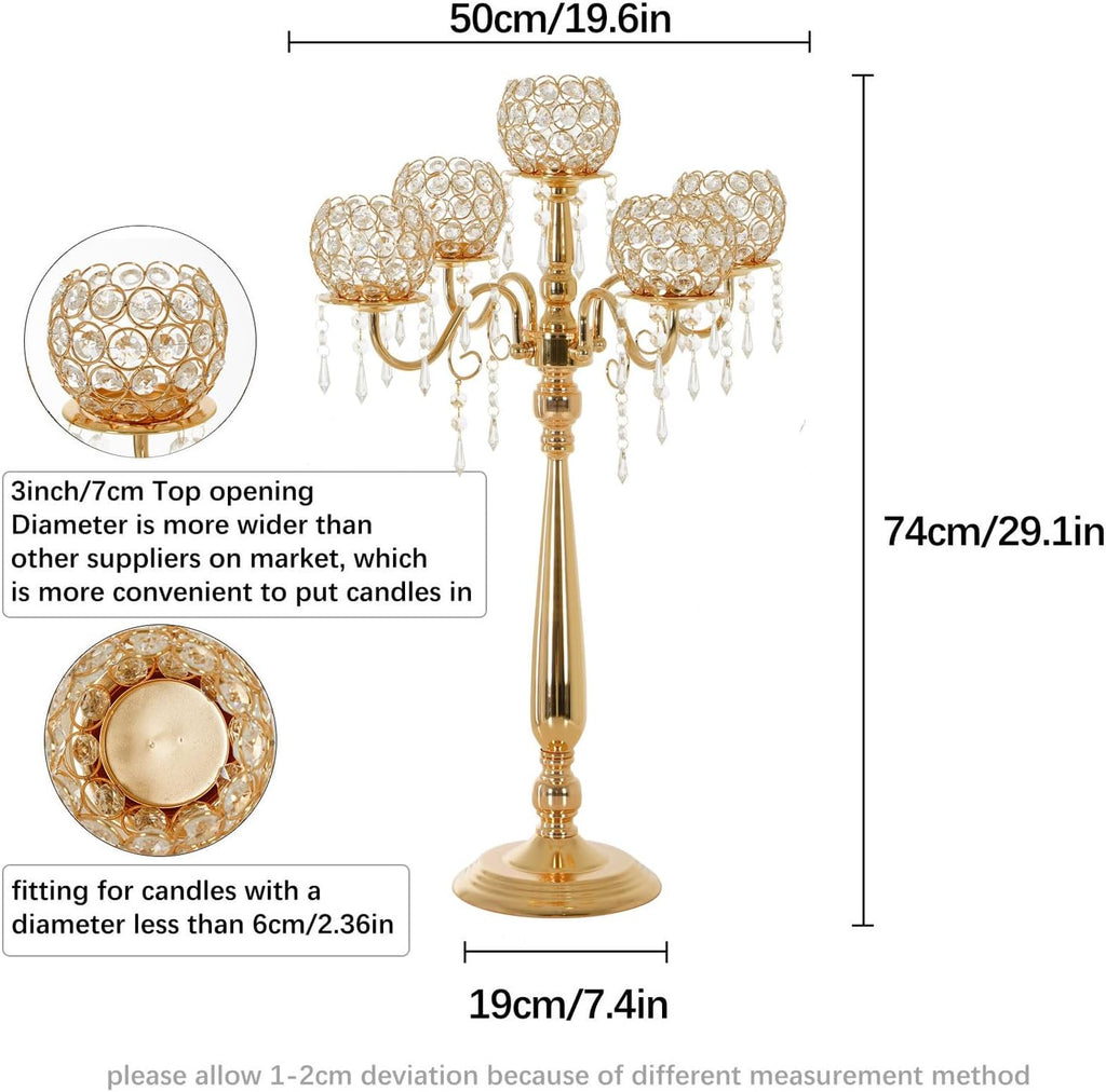 4 Packs 5 Arms Crystal Candelabra, Gold Floor Candle Holder Set with Chandelier Crystal Beaded Anniversary Dinner