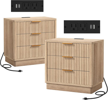 23.6 Inch Nightstand Set of 2 with Charging Station, Natural Oak Fluted Night Stand with 3 Drawer, Large Modern