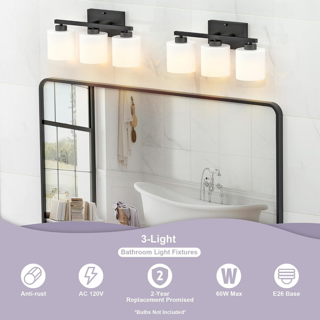 Bathroom Light Fixtures Black, 3-Light Vanity Lights Over Mirror | Modern Bathroom Vanity Light, Frosted Shades