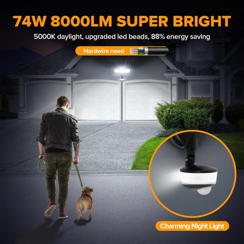 74W 8000 Lumen Motion Sensor Outdoor Lights, 5000K Daylight, IP65 Waterproof Flood Lights Outdoor with Night Light