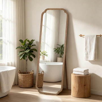 Farmhouse Full Length Mirror with Stand 22x65 Inch, Wooden Frame Floor Mirror, (Natural)