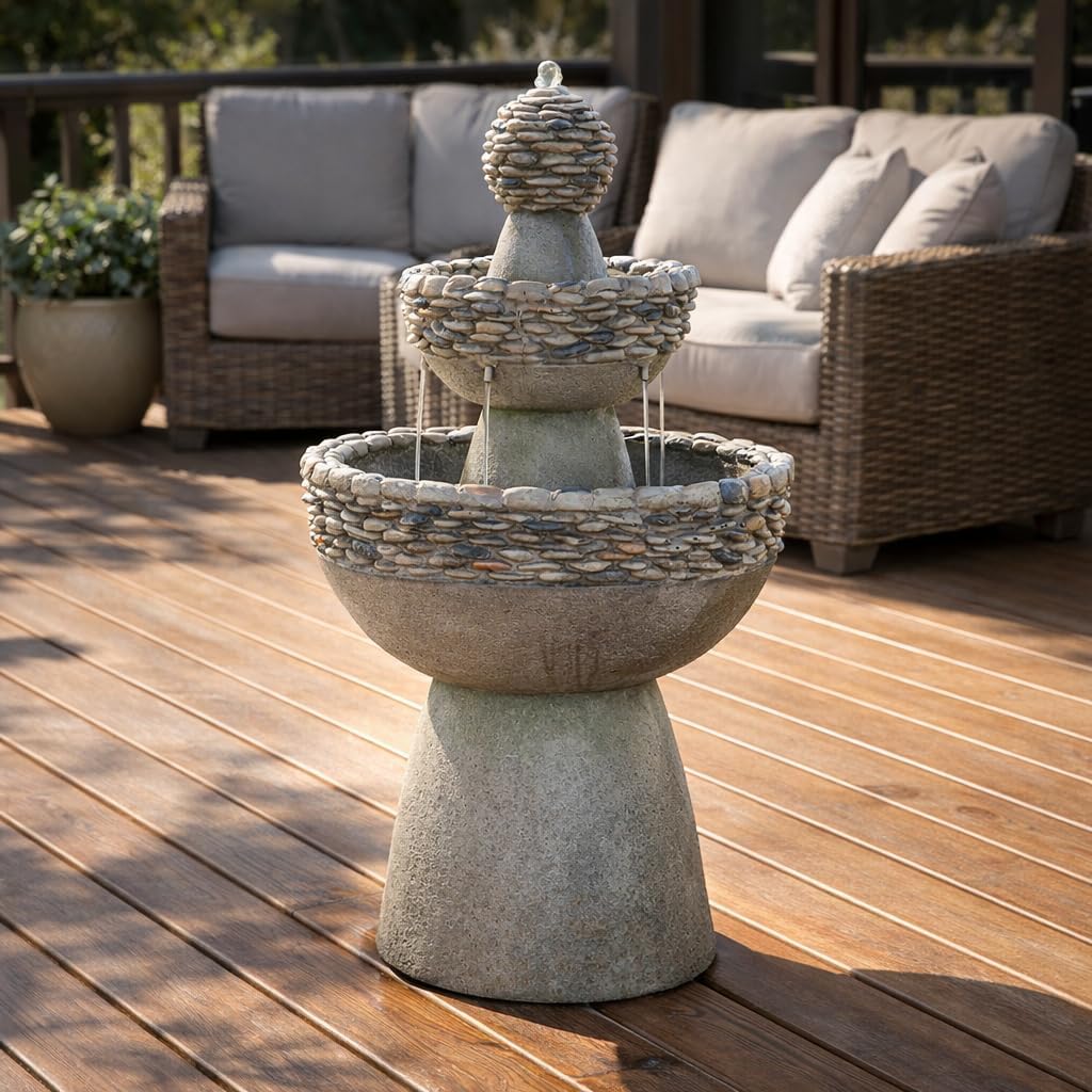 36.5 in. Outdoor 3-Tier Zen-Style Pedestal Water Fountain in. with Stone Trim with Pump and 2.64 Gallon Capacity