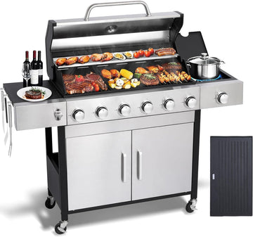 6-Burner Propane Gas Grill with Side Burner, 620 Sq. In. Cooking Area, Cast Iron Grates, Warming Rack and Storage Cabinet