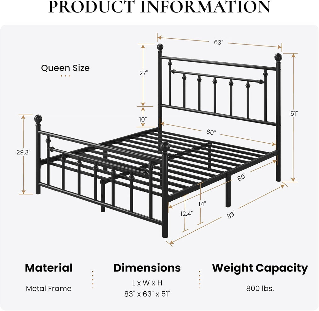14" Queen Metal Platform Bed Frame/Victorian Headboard and Footboard/Steel Slats Mattress Foundation for Storage/No