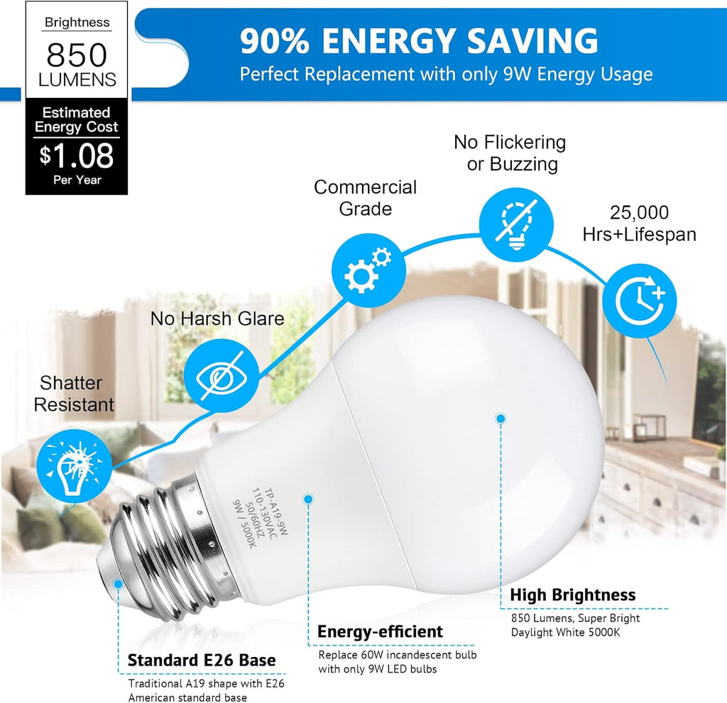 A19 LED Light Bulbs, 60 Watt Equivalent LED Bulb, Daylight White 5000K, 850 Lumen, E26 Base, Non-Dimmable, 9W Bright (4-Pack)