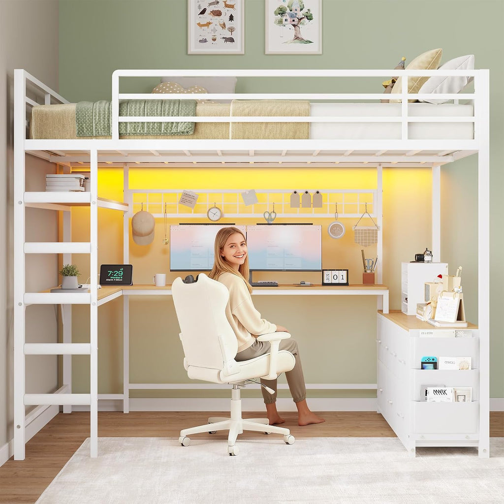 Loft Bed Full with U-Shaped Desk,7 Storage Drawers and Charging Station,Metal Full Loft Bed with Led Lights and 2-tier