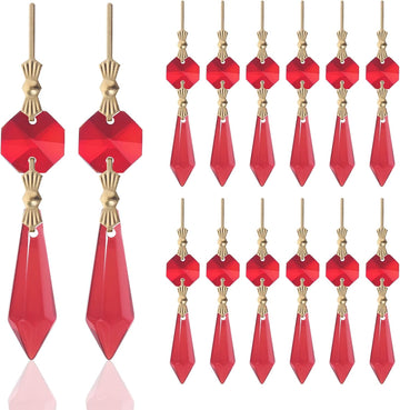 20pcs Red Crystals Prisms Glass Tip Beads Replacement Chandelier Icicle Drop Pendants Octagon Crystal Beads Gold Pins