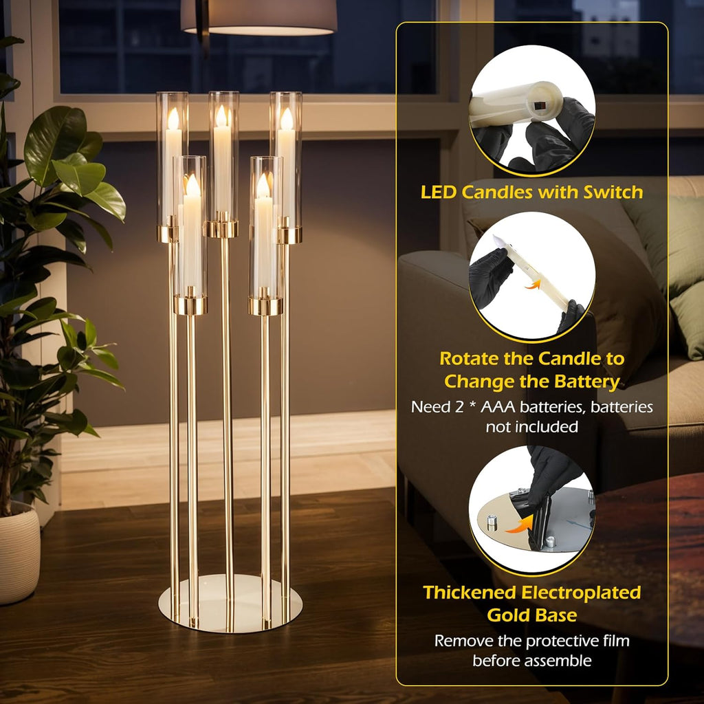 Gold Candelabra 4 Set 34.6'' Tall Candelabras Centerpieces for Tables, 5 Arm Candle Holders Centerpiece with Acrylic