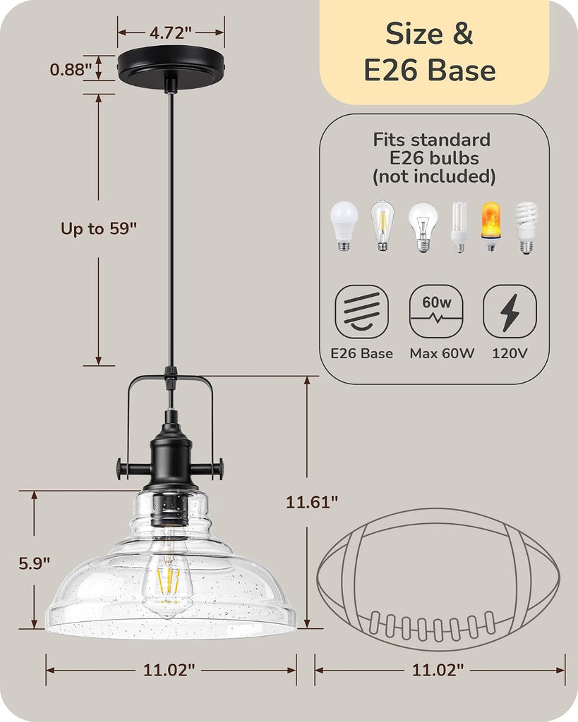 Farmhouse Pendant Lights Kitchen Island, Clear Seeded Glass Shade Hanging Light with Matte Black Finish, Modern