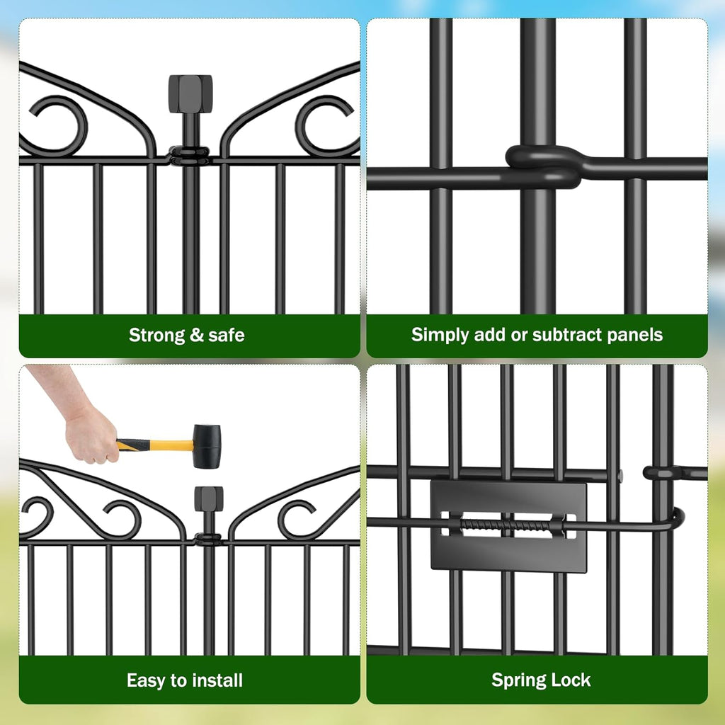12 Panel No Dig Decorative Garden Fence with Gate - 42in H x 25.67 ft L, Tall Animal Barrier for Dogs Rabbits