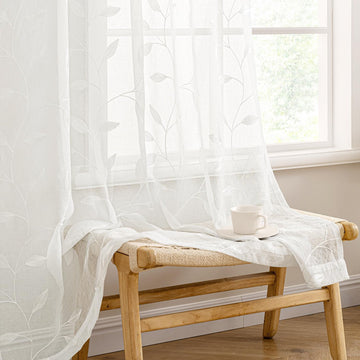 Ivory Sheer Curtains 2 Panels Embroidered Leaf Patterned, W52 x L84