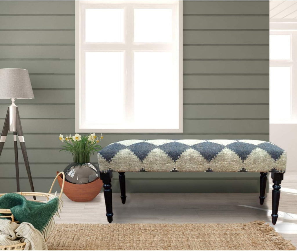 Tan/Black Upholstered Bench End of Bed | Farmhouse Checkered Accent Bench , or Entryway Seating | Long