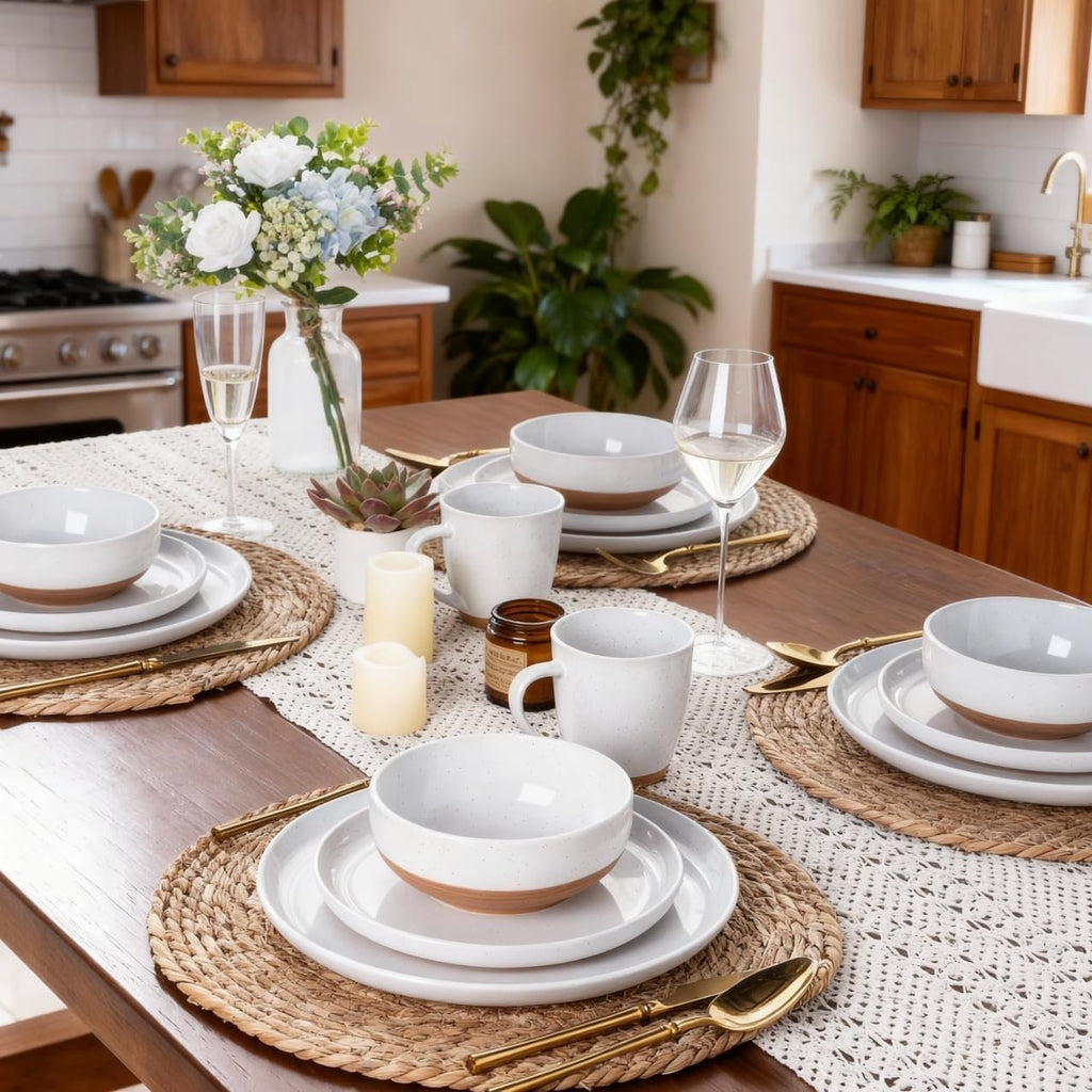 Ceramic Dinnerware Sets for 4, 12 Pieces Handpainted Plates and Bowls Set with Rustic Terracotta Underside