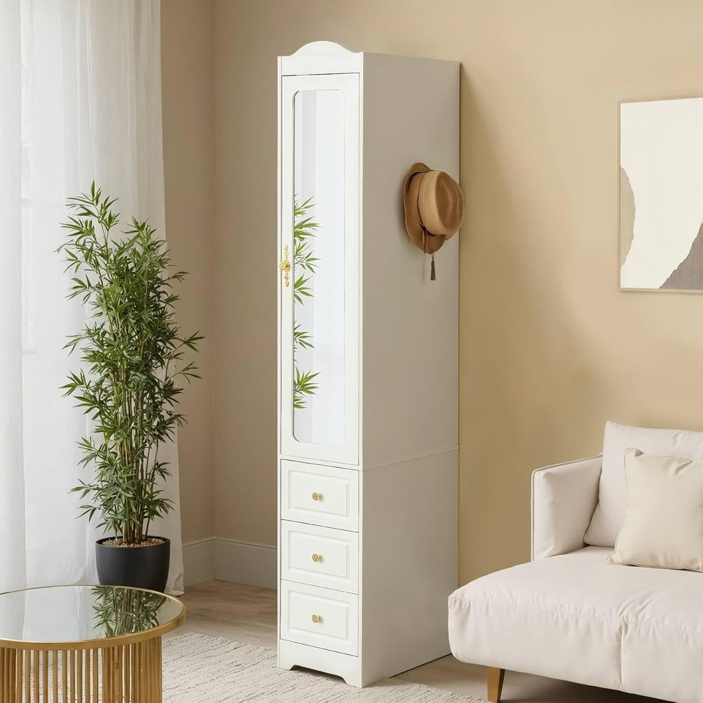 Armoire Wardrobe Closet, White Bedroom Armoires Cabinet with Mirror Door and 3 Drawers, 69.5" H Clothing Storage