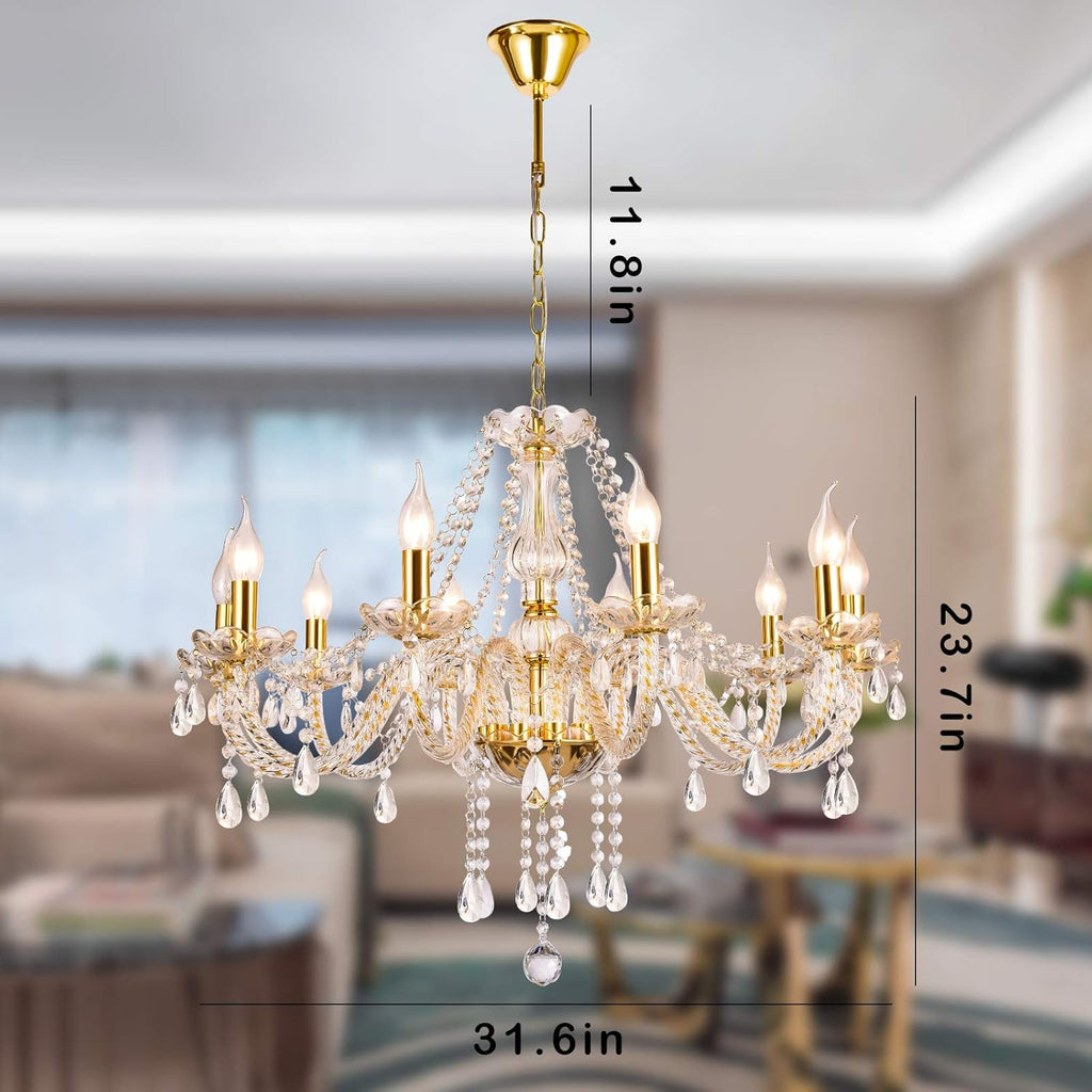 K9 Crystal Candle Chandeliers Lighting 10 Lights Pendant Ceiling Fixture Lamp for Dining Living Room Bedroom Hallway Entry Elegant Decoration (10 Bulbs)